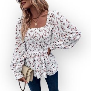 Shein-Smocked Long Puff Sleeve Blouse-Dainty flower print-NWOT-Sz Med.